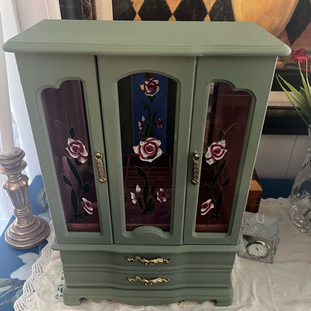 Green Jewelry Armoire with Floral Design